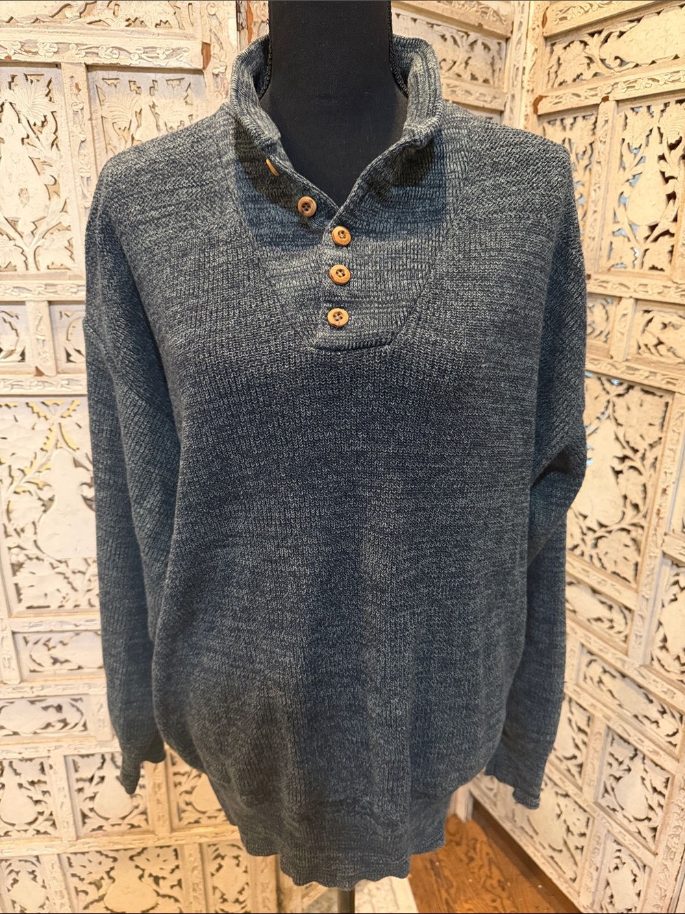 Vintage Men's Heather Slate Button-Neck Crewneck Sweater